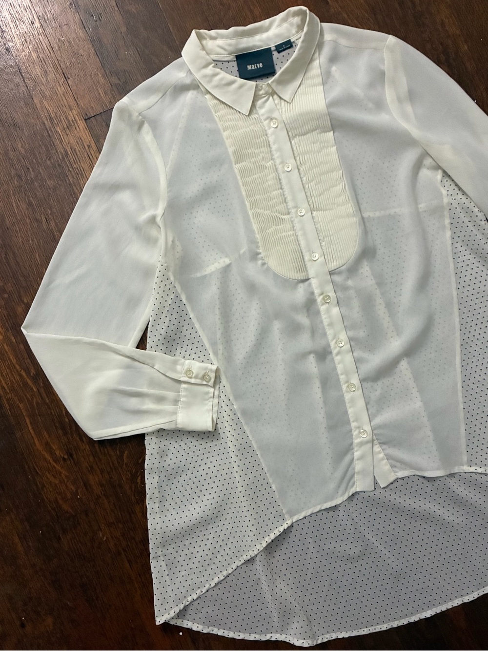 Maeve White Silk Pleated Bib Button-Up Shirt w Pin Dots